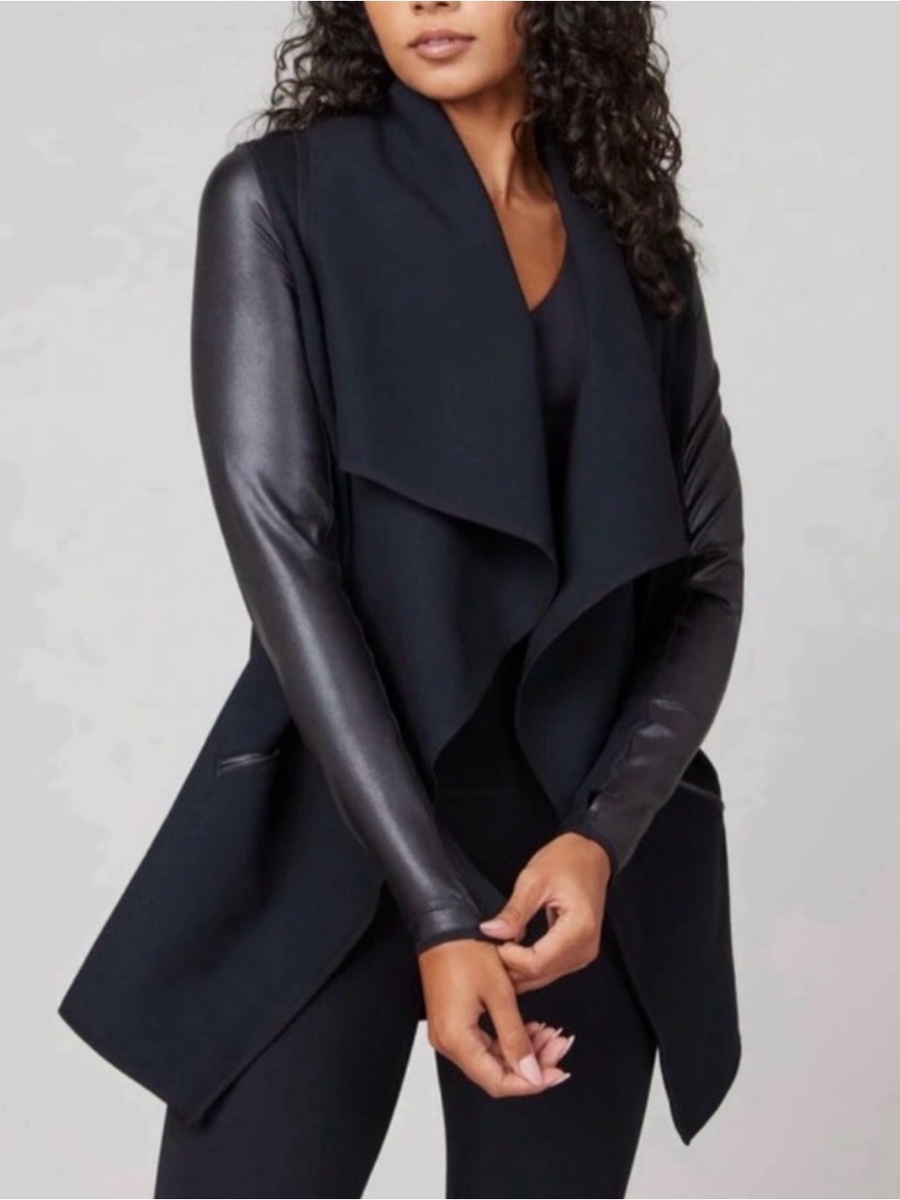 SPANX Black Draped Open-Front Jacket with Faux Leather Sleeves